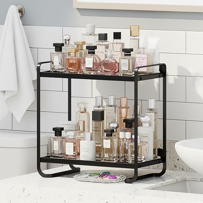 2-Tier Black Carbon Steel Bathroom Counter Organizer - Skincare Cosmetic Display Tray for Perfume, Makeup，Bathroom, Vanity Storage - Modern Countertop Organizer and Vanity Decor