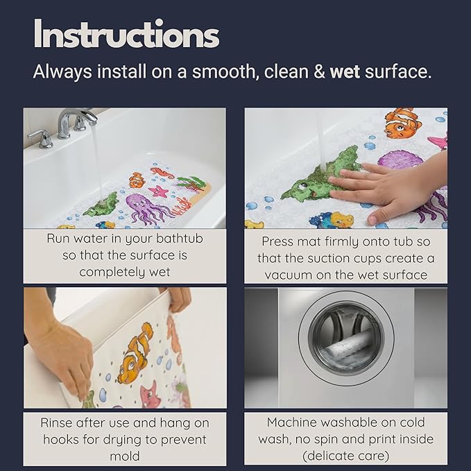 Bath Tub Mat Non Slip Anti Mold for Kids BPA Free INCL Hooks - homerella® Ocean Sea Animals 40x16, Baby Bath Mat Non Slip 200 Suction Cups, Non Toxic Machine Washable Toddler Bath Mat, EU Certified