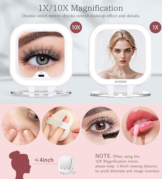 Shinowa Rechargeable Travel Makeup Mirror with 44 LED Lights, 1X/10X Magnifying Vanity Mirror with 3 Color Light, Folding Stand, 4 Inch Portable Dimmable Double Sided Compact Lighted Mirror, White