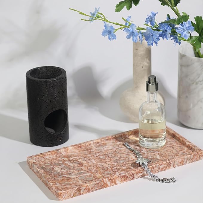 Solid Natural Marble Rectangle Vanity Tray - 9.8"x5" Italy Natural Bath & Counter Organizer, Decorative Jewelry Perfume Holder, Kitchen Coffee Table Serving Tray（Agate Red）