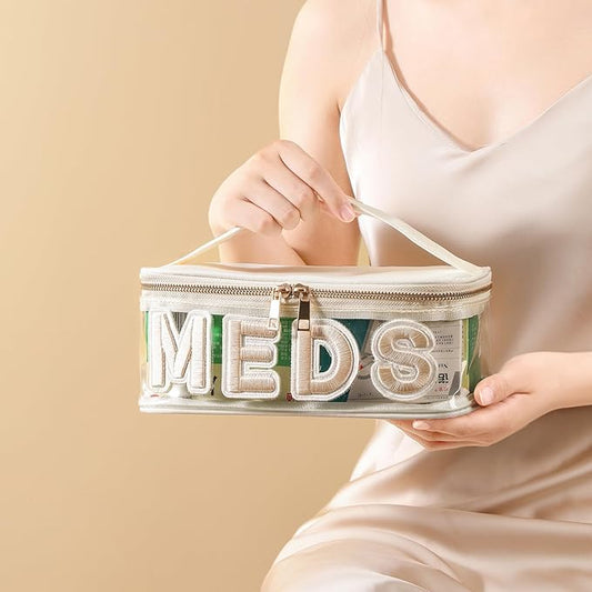 Clear Waterproof MEDS RX Makeup Bag，Transparent PVC Letter Patch medication travel case with Handle and Zipper, Portable Meds First Aid Travel Organizer Cosmetic Bag(02 Beige MEDS)