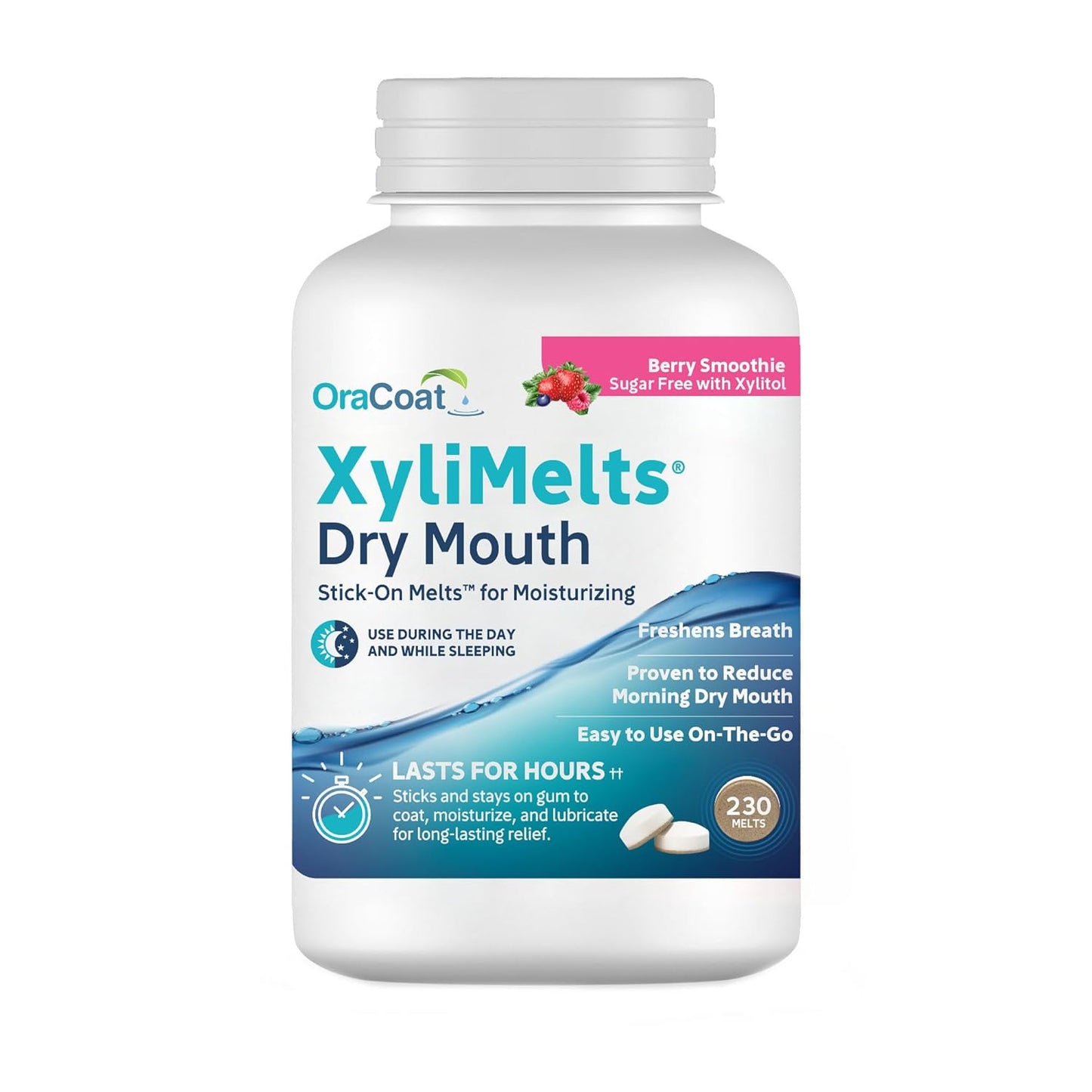 Oracoat XyliMelts for Dry Mouth Night Time or Day - Moisturizing Dry Mouth Adhering Discs, Sugar Free with Xylitol, 230 Count, Berry Smoothie Flavor, 8-Hour Relief