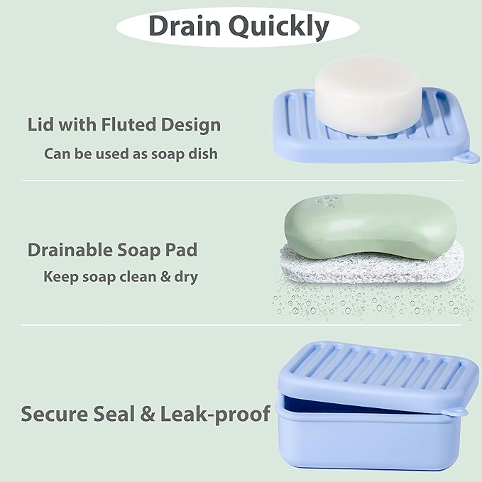 2PC Portable Leakproof Travel Soap Case, Silicone Travel Soap Case, Compact Soap Holder with Drainage Layer, Travel Soap Holder for Camping, Gym, Outdoor (Blue&Yellow)