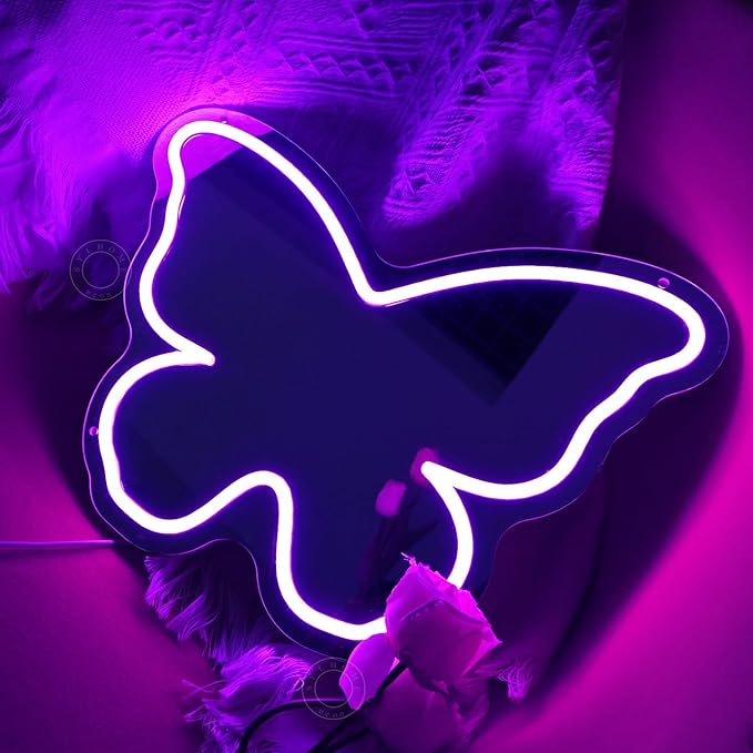 SYLHOME Butterfly Mirror Led Neon Light Sign Home Girls Bedroom Makeup Room Beauty Salon Studio Bar Wall Sign Decor Birthday Wedding Party Decoration 15.75" X 11.42" USB