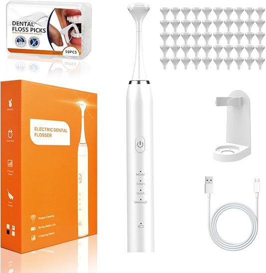 Electric Flosser for Teeth 4 Speeds,Electric Dental Flosser with 50 Replacement Heads,Rechargable Power Flosser for Teeth Cleaning Adults Men and Women