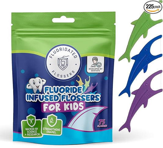 Kids Flossers with Fluoride, Unflavored Floss Picks, Fun Floss with Colorful Shark Shapes. Enhanced Cavity Protection, 225 Count (3 Pack) Children's Flossers. Dentists Designed and Backed by Science