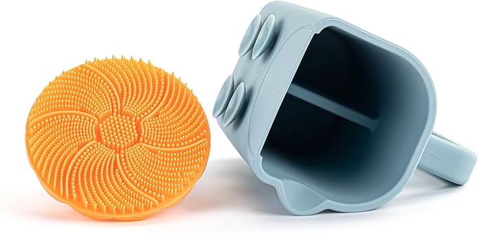 DEMDACO Love to Play Collection Baby Bath Rinse Cup and Silicone Scalp Scrubber Set - Gentle Hair Washing Aid for Infants & Toddlers Soft Silicone Kids' Brush & Ergonomic Rinse Pitcher, Orange