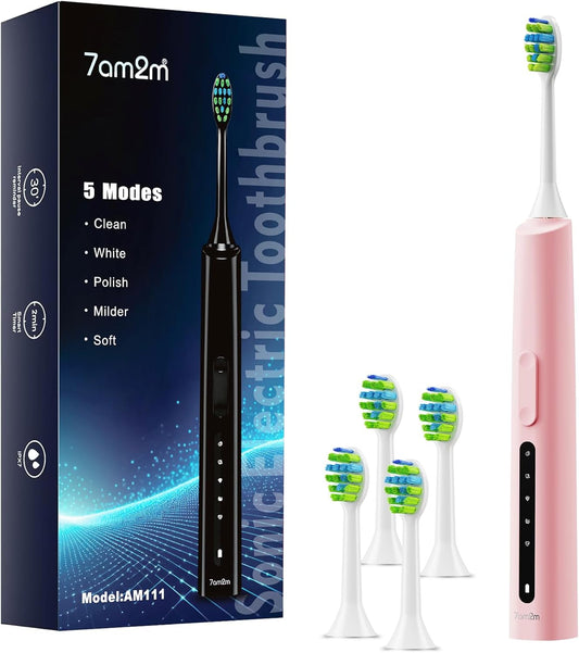 7AM2M Sonic Electric Toothbrush, High Power Rechargeable Toothbrushes, 5 Modes with 2 Minutes Built in Smart Timer, with 4 Brush Heads for Adults and Kids, One Charge for 60 Days (Pink)