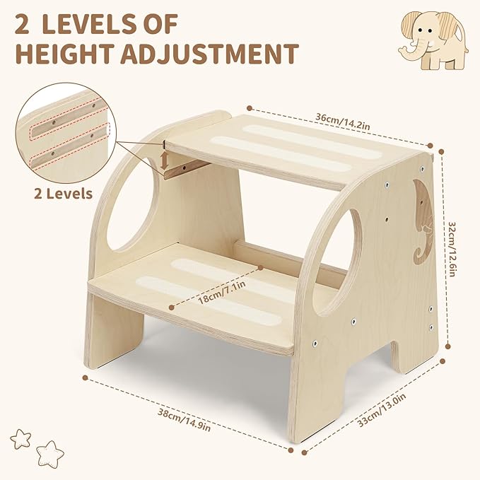 Wooden Toddler Step Stool - Height-Adjustable Non-Slip 2-Step Stool for Kids, Potty Training for Bathroom Sink, Kitchen & Bedroom, 200 lbs Capacity - Sturdy, Safe and Durable