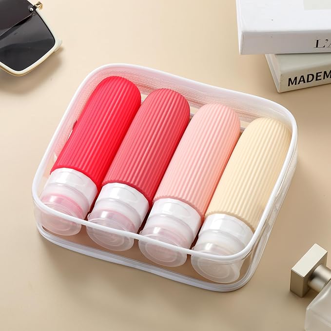 Travel Bottles for Toiletries, Tsa Approved 3oz Portable Travel Bottles, BPA Free Leak Proof Squeezable Silicone Travel Size Containers, Travel Accessories with Clear Toiletry Bag (4 Pack)