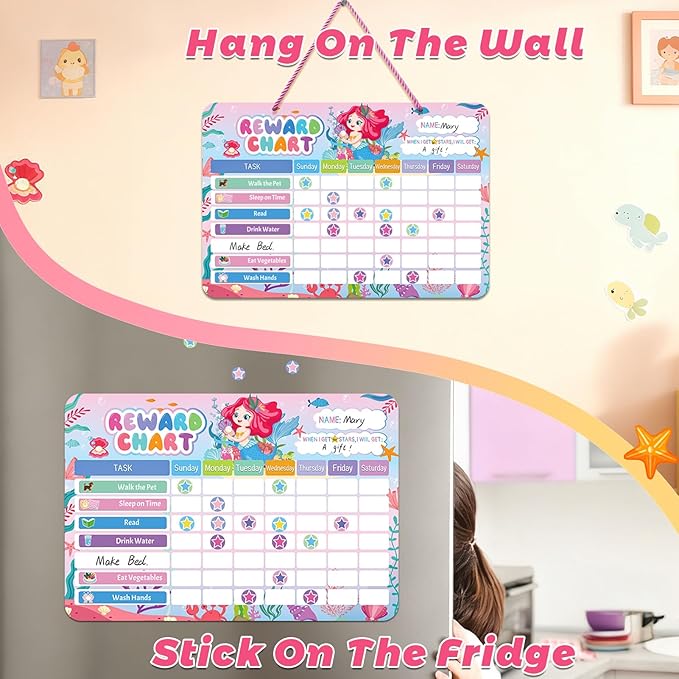 Magnetic Reward Chart for Kids, Mermaid Design Chores Chart for Kids Dry Erase Behavior Chart for Children at Home with 52 Chore Charts &120 Star Stickers Responsibility Chart for Kids Toddlers