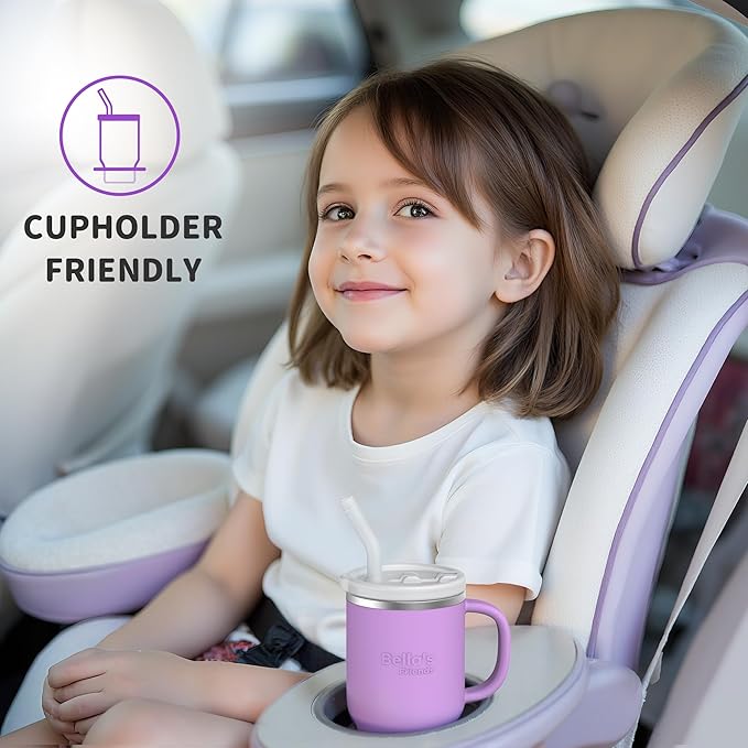 Bella's Friends Handy Mini Tumbler – Adorable 9 oz Toddler Sippy Cup, Stainless Interior & Silicone Body, Leak‑Proof, Dishwasher Safe, Gift for 1-3 Years Old Girls & Boys, 2 Pack, Lilac&Azure Blue