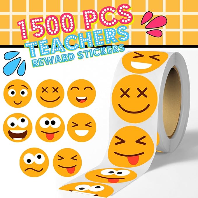 1500 Pcs Smiley Face Stickers Motivational Stickers for Teachers (Bright Yellow-3 Pack)