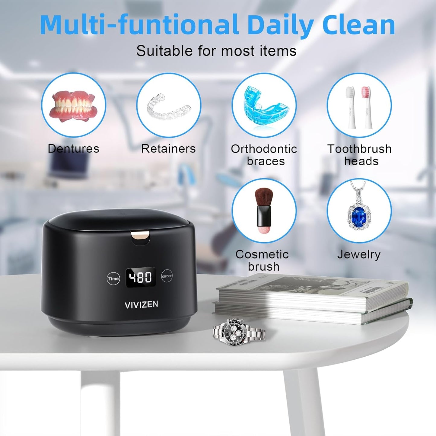 Ultrasonic Retainer Cleaner Machine Sonic Dental Cleaning Machine for Dentures, Aligners, Braces, Mouth Guards, Jewelry, Portable 30W/45kHz (Black)