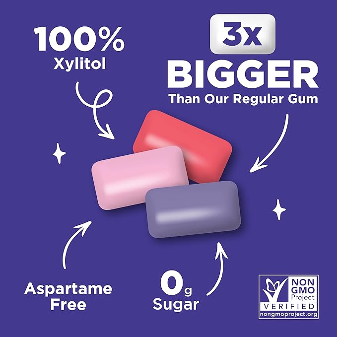 PUR Jumbo Gum | Aspartame Free Chewing Gum | 100% Xylitol | Natural Bubblegum, Grape, Watermelon Flavor, 20 Pieces (Pack of 1)
