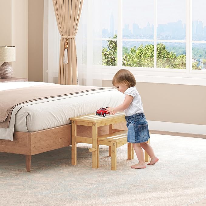 HOOBRO Wooden Step Stool for Toddlers, 2-in-1 Step Stool for Kids, Retractable Bamboo Stool with Anti-Slip Surface, for Bathroom Sink, Potty Training, Easy Assembly, Natural and White YL20JD01