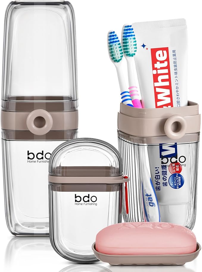 VITVITI Gray Toothbrush Travel Case, Portable Leakproof Travel Soap Container Dish Tray, 7.88 inch Toothpaste Toothbrush Holder with Cover for Trip/Bathroom/Camping