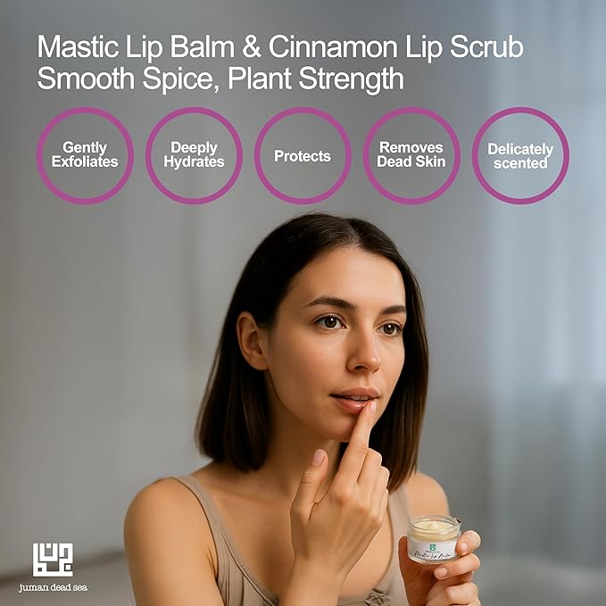 Juman Dead Sea Minerals Lip Gift Set | With Essential Oils | Exfoliating Lip Scrub & Moisturizer Set | Mastic & Cinnamon | Vegan | SLS & Paraben-Free | Great as a Gift