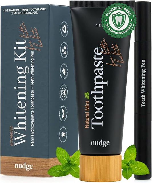 Nudge Advanced Whitening Kit, 10% Nano Hydroxyapatite Remin+ Toothpaste (4 oz) & EnamelGuard Whitening Gel Pen (2 ml), Fluoride-Free, Sensitivity-Friendly, Plaque Control, Strengthens Teeth