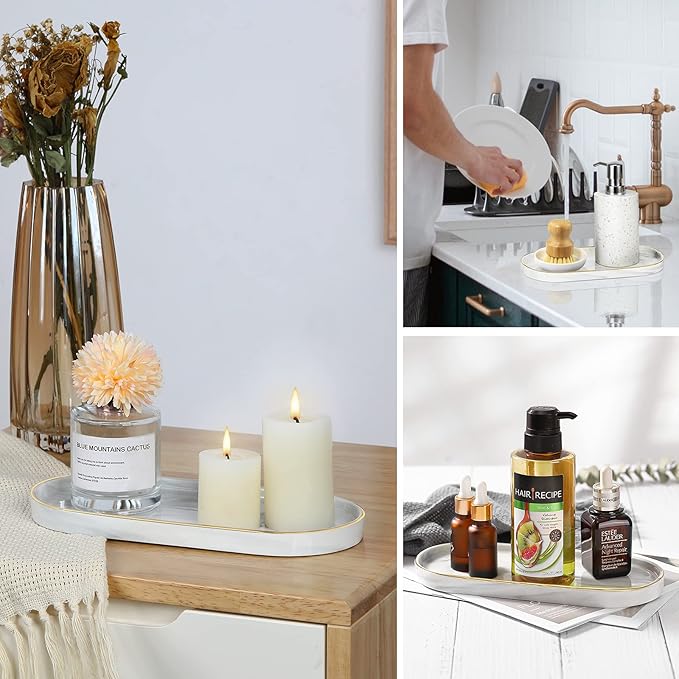Luxspire Bathroom Vanity Tray, Marble Ceramic Dresser Jewelry Dish with Golden Rim, Decorative Tray Countertop Sink Storage Holder Organizer for Soap Candles Perfume Comestic Home Decor, Marble White
