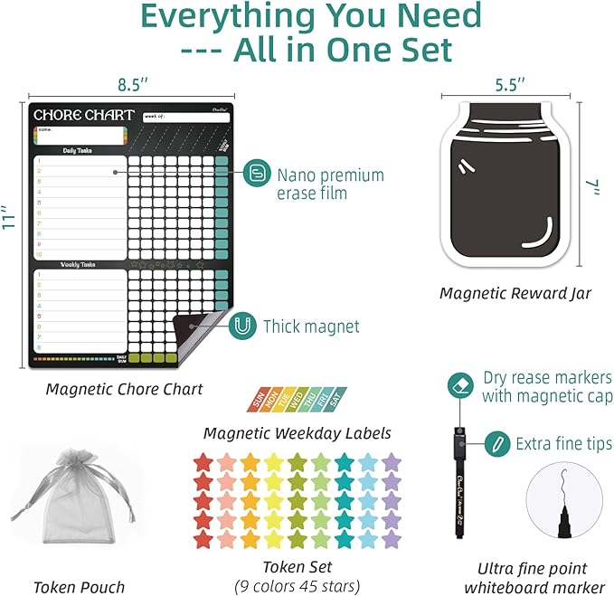 Magnetic Responsibilty Reward Chart for Kids - Magnetic Reward Jar with Stars Included - Ideal for Home Chore Tasks&Reward System