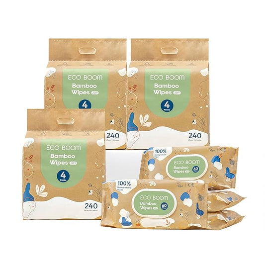 ECO BOOM Bamboo Baby Wipes | natural | 100% Plant-Based & fragrance free | Unscented & safe for Sensitive Skin | 99% Water | 16 Pack, Bulk Total of 960