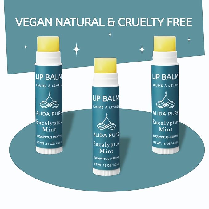 ALIDA PURE Eucalyptus Mint Lip Balm Collection, Vegan, Lip Balm, Beeswax Free, with Avocado Oil, Organic Jojoba Oil, and Vitamin E, Natural Moisturizer for Dry, Chapped Lips, 3 Tube Set