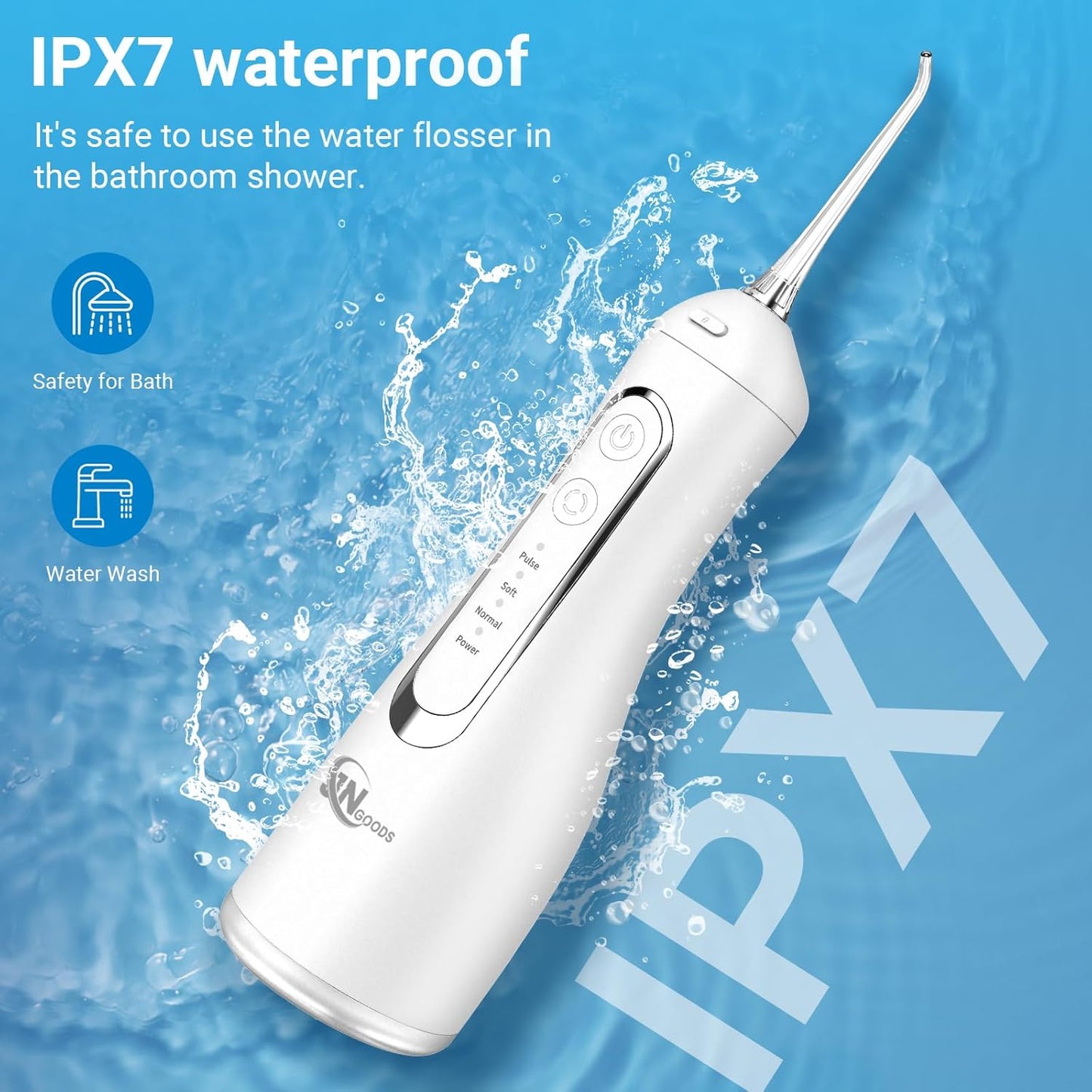 Cordless Water Dental Flosser Oral irrigator,JNGOODS 300ml Rechargeable Water flosser for Teeth IPX7 Waterproof 4 Modes Portable Oral Irrigator with 4 Jet Tips, Travel Home use (White)