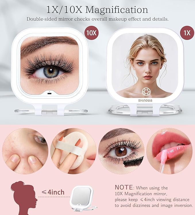 Shinowa Rechargeable Travel Makeup Mirror with 72 LED Lights, 1X/10X Magnifying Vanity Mirror with 3 Color Light, Folding Stand, 7 Inch Portable Dimmable Double Sided Compact Lighted Mirror, White