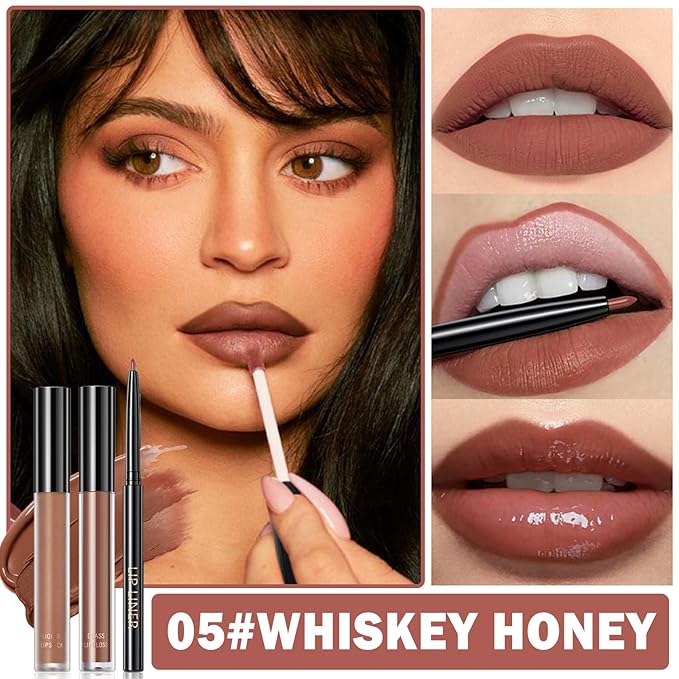 3 in 1 Brown Lip Gloss and Lip Liner Lipstick Set Nude Lip Liner Set Long-lasting Nonstick Cup Lip Kit Moisturizing Lip Set for Women (05# Whiskey Honey)