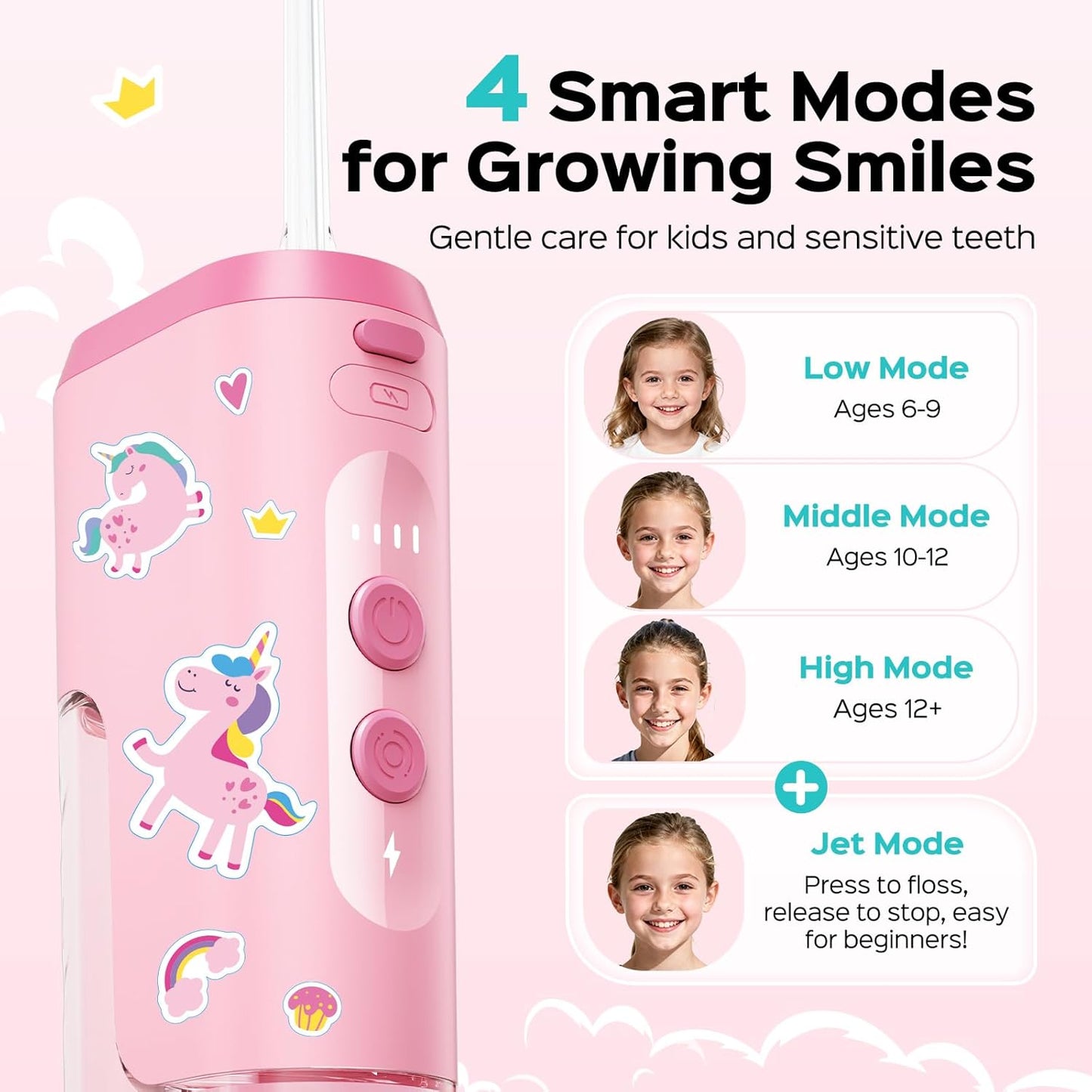 COSLUS Portable Water Flosser for Kids: 4 Gentle Modes for Ages 6+, Braces & Sensitive Teeth - with Fun DIY Stickers, 4 Storable Nozzles, Mini Compact for Home School & Travel Use, BPA-Free, Pink