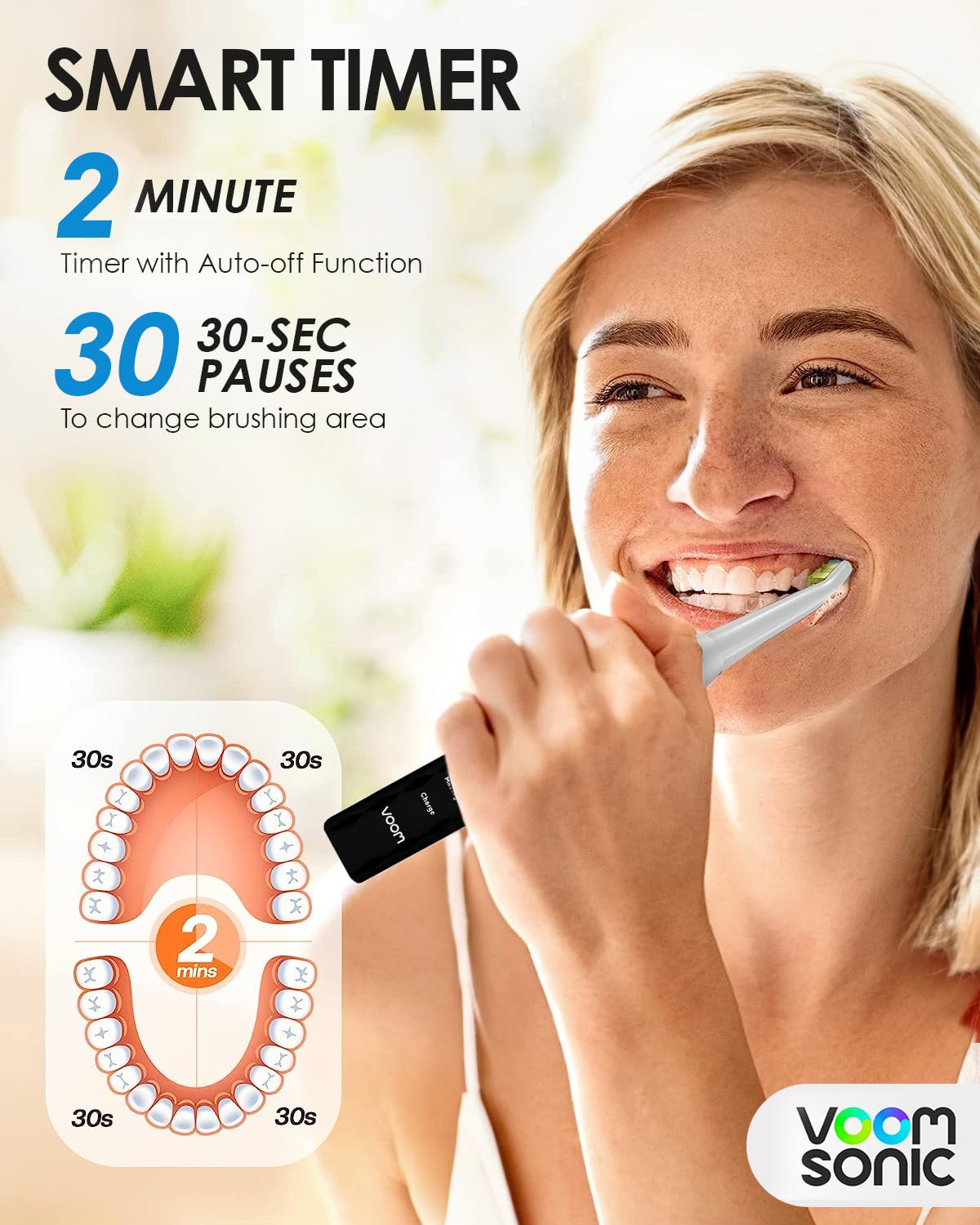 Voom Sonic Pro 3 Rechargeable Electric Toothbrush With Soft Dupont Nylon Bristles Dentist Recommended Portable Oral Care 2-Minute Timer 3 Adjustable Speeds Light Weight Design - Black