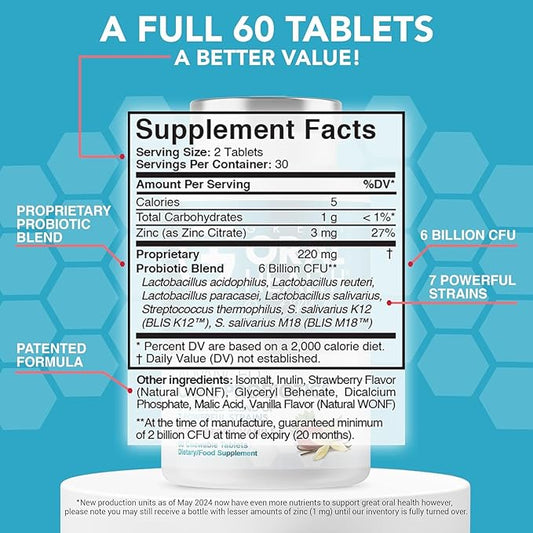 Oral Probiotics for Mouth Bad Breath Treatment for Adults; Dentist Formulated Dental Probiotics for Teeth and Gums, Chronic Halitosis with BLIS K12 M18, Chewable Oral Health Tablets Strawberry Vanilla