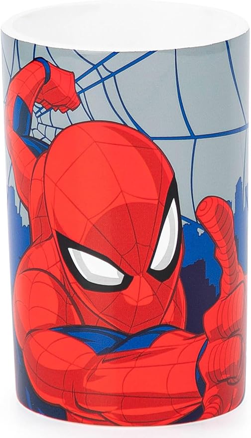Jay Franco Kids Marvel Spiderman Toothbrush and Toothpaste Holder – 4 x 3 Inch Small Bathroom Accessories Organizer, Red & Blue Resin Tumbler Cup Stand for Counter Storage