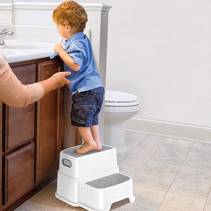 WELSPO 2 Step Stool for Kids, Toddler Step Stool for Bathroom, Kitchen, Bedroom, Living Room, Non-Slip Toddlers Toilet Potty Stool with Handles Baby Child Kid Plastic Poop Stools(Gray)