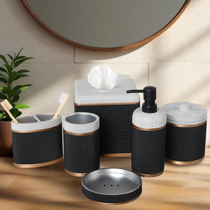 6-Piece Bathroom Accessories Set – Soap Dispenser, Toothbrush Holder, Tumbler, Soap Dish, Cotton Swab Jar & Toilet Brush – Modern Bathroom Decor Set (Seiler)