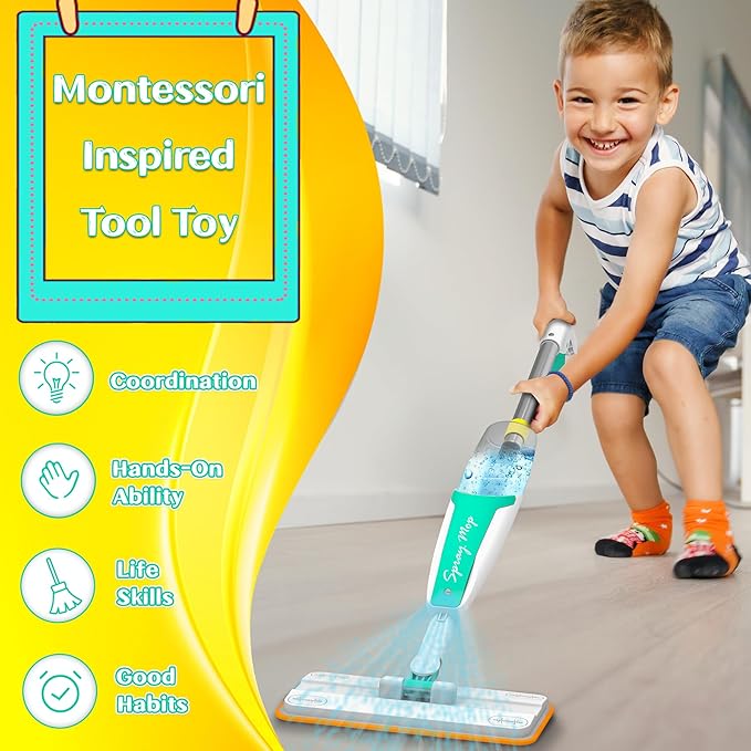 EP EXERCISE N PLAY Kids Spray Mop - Toddler-Size Cleaning Toy Set - Small Mop for Kids That Really Spray - Mini Toddler Mops - Montessori Toys for Toddlers Girls Boys 3 4 5 Years Old