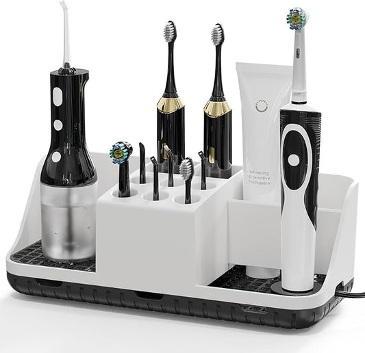 Boperzi Bathroom Counter organizers and Storage: Cord-Friendly Electric Toothbrush and Toothpaste Holder, Detachable Water Flosser & Tips Holder, Bathroom Decor and Accessories Organization Countertop