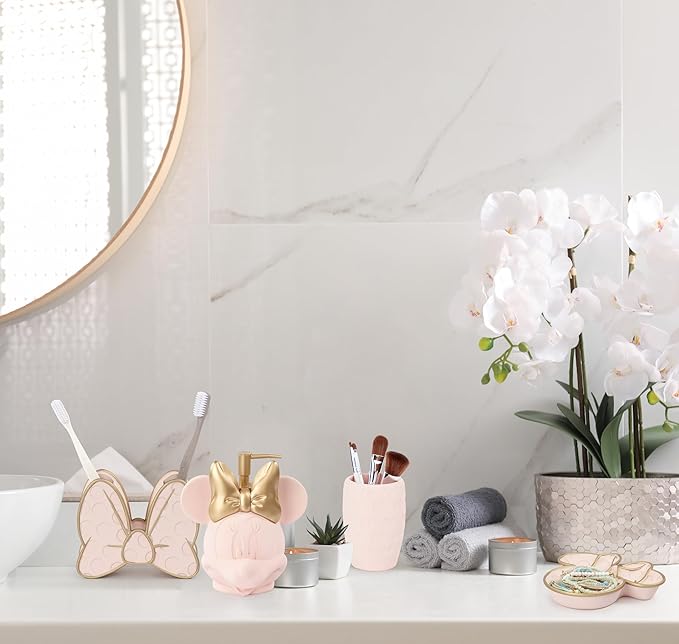 Jay Franco Disney Minnie Mouse Organizer Set - 4 Piece Pink Accessories Includes Resin Soap Dispenser, Soap Dish, Toothbrush Holder and Tumbler - Bathroom Décor