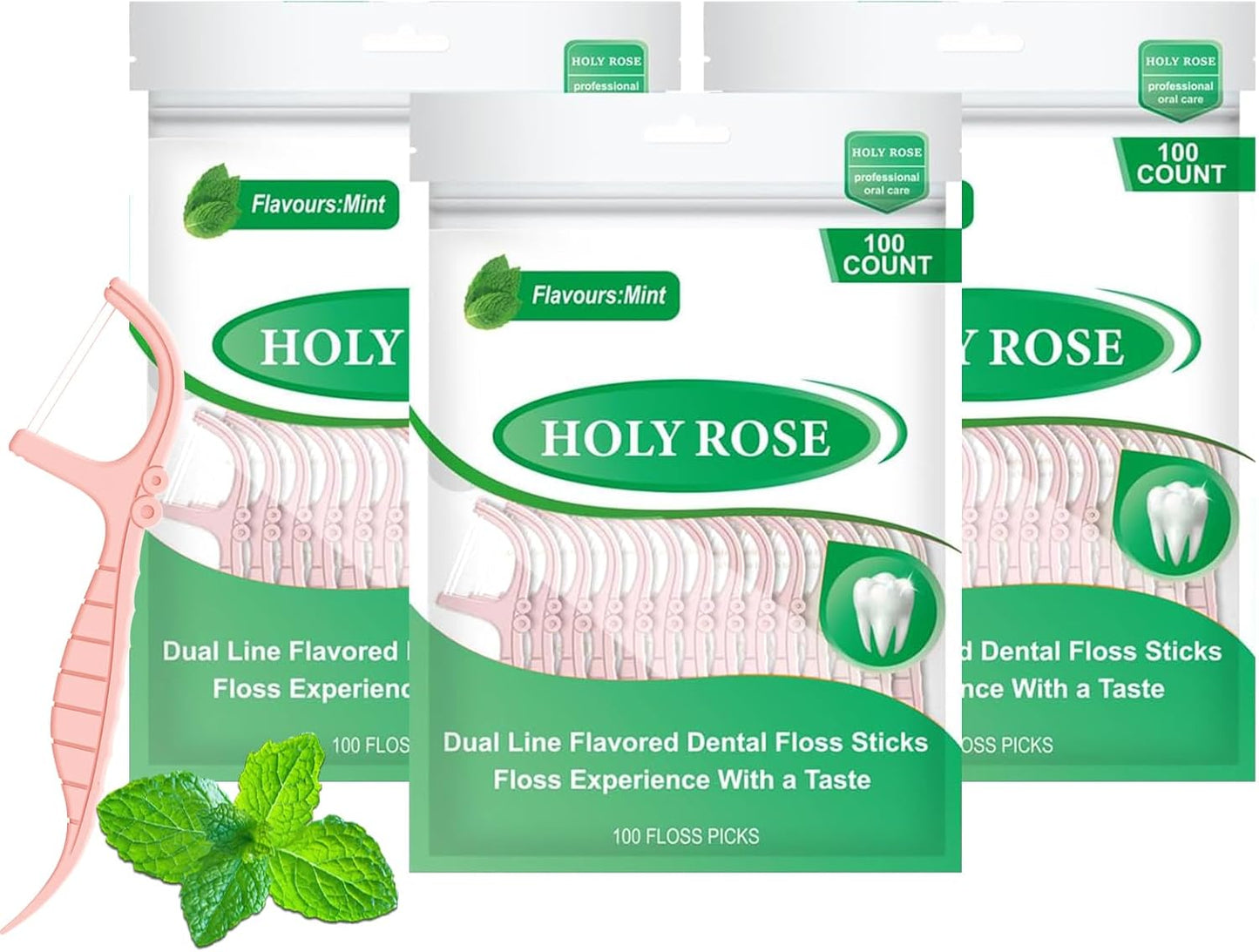 Holy rose Dual-Line Dental Floss Picks - Pink Flossers 300 Count,End with Toothpick - Mint Flavored for Oral Cleaning & Fresh Breath-and Ideal for Daily Teeth Care