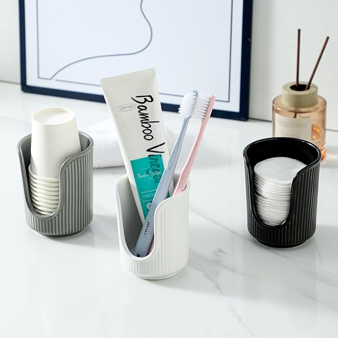 Ceramic Bathroom Cup Dispenser with Stylish Vertical Stripes - Disposable Mouthwash Cup Holder Holds 3-4oz Paper Cups for Rinsing Cups on Bathroom Vanity Countertops (Black-Black-2 Pack)