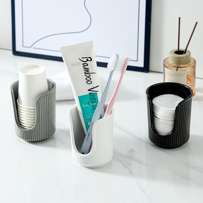 Ceramic Bathroom Cup Dispenser with Stylish Vertical Stripes - Disposable Mouthwash Cup Holder Holds 3-4oz Paper Cups for Rinsing Cups on Bathroom Vanity Countertops (White-White-2 Pack)