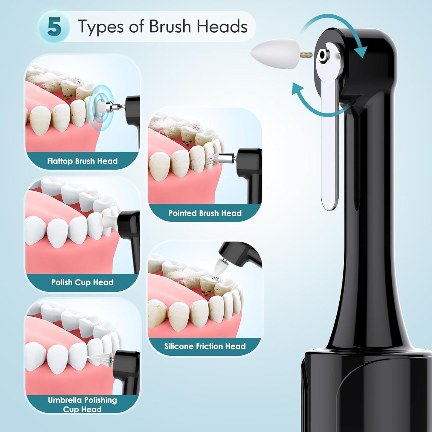 Tooth Polisher, Rechargeable Teeth Polisher with 5 Brush Heads, 4 Speed Modes, Tooth Whitening Kit for Cleaning and Polishing, LED Light, 3 Polish Pastes, IPX6 Waterproof Teeth Cleaning Tools, Black