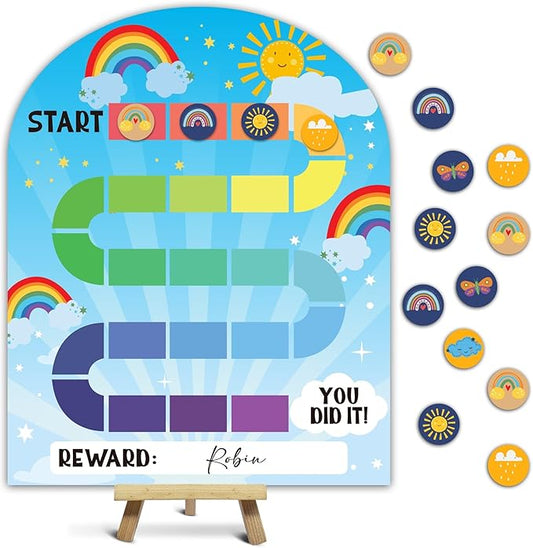 Rainbow Sun Theme Wooden Reward Chart, Behavior Reward Charts, Incentive Responsibility Chart for Boys Kids Toddlers Chore Homework Good Habits Assignments Attendance, 09