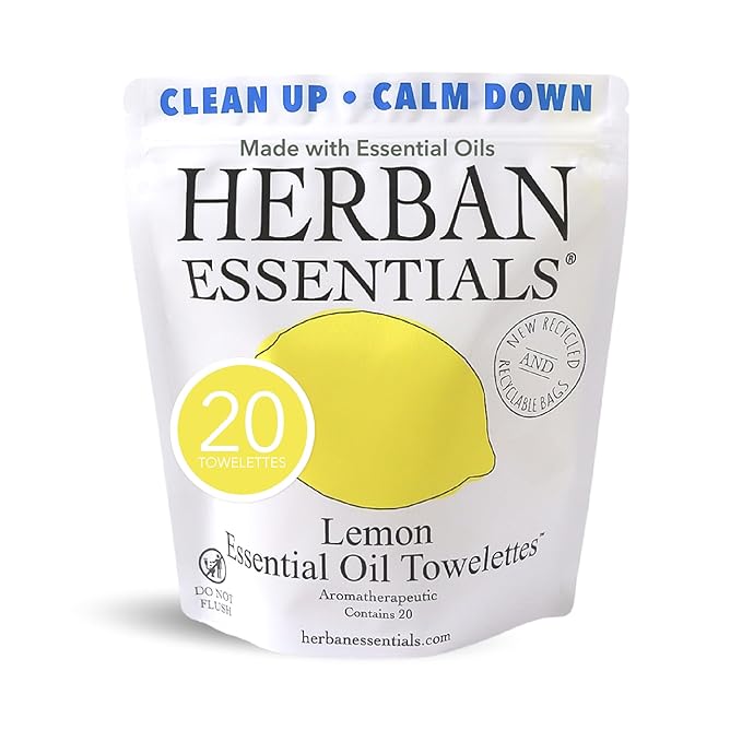 Herban Essentials - Lemon Wipes & Towelettes - Essential Oil Wipes for Make Up, Hands, Face & Body - Travel Size Essentials & Toiletries - Natural, Individually Wrapped, Disposable & Moist (20 count)