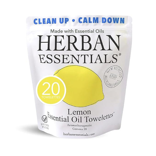Herban Essentials - Lemon Wipes & Towelettes - Essential Oil Wipes for Make Up, Hands, Face & Body - Travel Size Essentials & Toiletries - Natural, Individually Wrapped, Disposable & Moist (20 count)