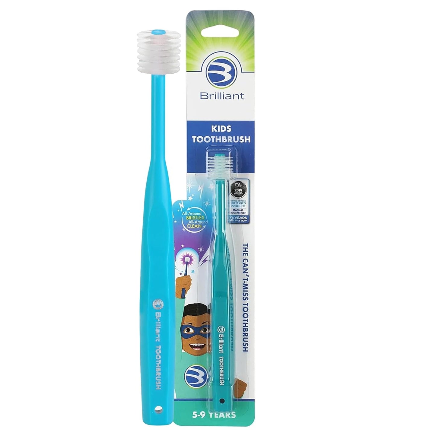 Brilliant Oral Care Kids Toothbrush with Soft Bristles and Round Head, for a Child Approved, Easy to Use All-Around Clean Mouth, Ages 5-9 Years, Teal, 1 Pack