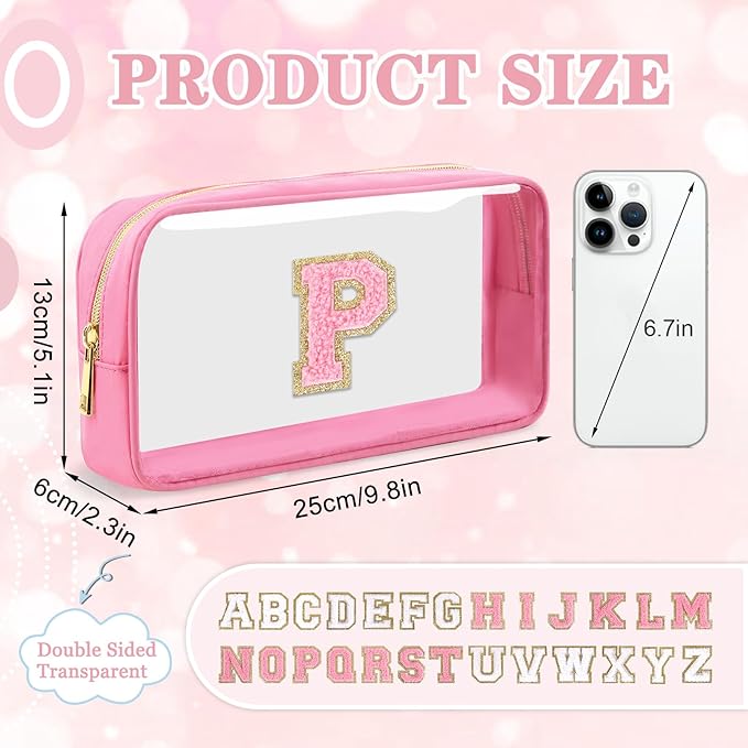Small Clear Personalized Initial Makeup Bag, Preppy Nylon A-Z Chenille Letter Patch Makeup Organizer TSA Approved Travel Toiletry Bag,Waterproof Zip Beach Cosmetic Pouch Purse for Women(Pink-Pink P)