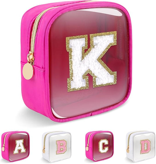 Personalized Initial Letter Clear Preppy Makeup Bag,Mini Nylon Chenille Letter Cosmetic Bag Cute Zipper Pouch Coin Purse for Teen Girls,Portable TSA Approved Travel Essentials Bag Gift for Women,K