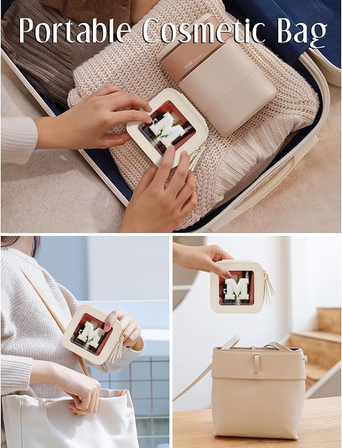 Initial Travel Toiletry Bag - Cosmetic Bags for Girls with Zipper, Clear & Potable Girls Makeup Bag for Travel, Small Cosmetic Pouch Perfect Gifts for Graduation (Beige, M)